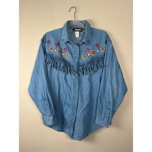 Gepetto Vintage Western Fringe Denim Button down sz Large
